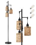 EDISHINE Industrial Floor Lamp, Boho Dimmable Standing Lamp with Rope Cage Lampshade, Rustic Floor Lamps for Living Room, Bedroom, E27 Sockets, 3 LED Bulbs Included