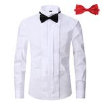 ATOFY Men's Tuxedo Dress Shirt Wing Collar Front Pleat French Cuffs with 2 Bow Ties Button Down Shirts, White, Large