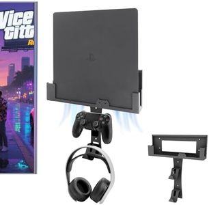 BracNova Wall Mount for PS4 Slim,Steel PS4 Slim Mount Includes Detachable Controller Holder and Headphone Stand-Safely Store Your PlayStation 4 Slim Console Near or Behind Your TV