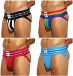 Arjen Kroos Men's Jock Strap High Elastic Jockstrap Underwear Breathable Athletic Supporter with Wide Waistband,BLACK/RED/RAINBOW/BLUE(4-PACK)-AK2149,X-Large