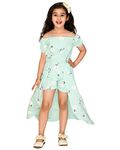 Kids Cave Half Cold Shoulder Sleeve Floral Print Mock Flared Dress Styled Jumpsuit for girls-Light Green_Size-3-4 to 11-12 Years