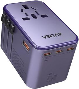 Universal Travel Adapter, VINTAR 75W GaN International Power Adapter with 3 USB C PD and 2 USB A QC, All in One Travel Essentials for UK/EU/USA/AUS, Travel Adapter Worldwide for Laptops Phones, Purple