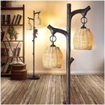 Scenekoy 65'' High Farmhouse Rustic Country Cottage Floor Lamp Tree Trunk Faux Wood Column Dark Bronze Wicker Drum Shade Decor for Living Room Bedroom Reading Room, Black