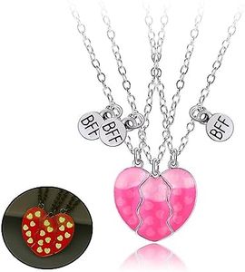 3PCS Lovely BFF Magnetic Necklaces with Luminous, Best Friends Heart Pendant Matching Necklaces for 3 Girls, Glowing Necklace Friendship Jewelry Gifts for Girls Friends Sisters Mother, Pink