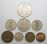 1954 Complete Circulating British Coin Year Set Very Fine or Better Condition 8 Coins in Individual Clear Envelopes