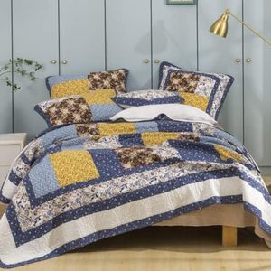 Tache Prairie Garden Sunset Floral Blue Yellow Farmhouse Cotton Patchwork Quilt Bedspread Set Cal King