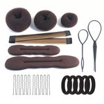 iFlyMars 3 Pieces Hair Donut Bun Makers, 2 Pieces Foam Sponge Bun Shapers, 1 Pieces Magic French Twist Hairstyle Clip,2 Snap Bun Makers,10 pieces Hair Elastic Bands, 20 pieces Hair Pins (Brown)