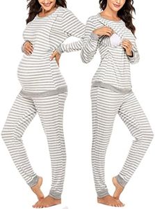 Ekouaer Premaman Allattamento Biancheria Intima Termica Set A Righe Maglia Lungo Johns Set Top Bottom Base Strato per Le Donne in Gravidanza, Una Striscia Grigio Chiaro, S