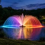 Pond Fountain Aerator with Lights Dynamic RGB Light 1HP 750W Floating Fountain for Pond Lake, 110V 15000 GPH Fully Automatic Stainless Steel Fountain Pump 100Ft Cord with 4 LED Lights and Nail, Rope