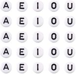 Pandahall 500Pcs Flat Round Vowel Letter Beads 7x4mm with Letter A E I O U White Acrylic Beads for Jewelry Making