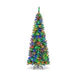 HAPPYGRILL 6.5FT Pre-Lit Pencil Christmas Tree, Artificial Tree with 708 PVC Branch Tips & 250 Multi-Colored LED Lights, Hinged Xmas Tree for Home Shop Carnival