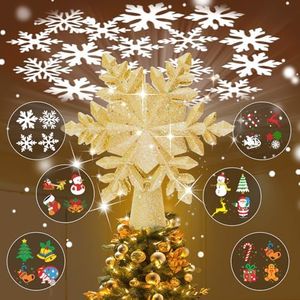 TKYHRMAS Christmas Snowflake Tree Toppers with LED Rotating Lights, Golden