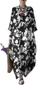 Celmia Kaftan Dresses for Women Floral Print Cotton Maxi Dress with Pockets Black XX-Large