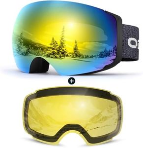 Odoland Magnetic Interchangeable Ski Goggles with 2 Lens, Large Spherical Frameless Snow Snowboard Goggles for Men Women,Black frame golden lens, vlt 15%