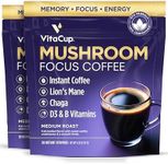 VitaCup Focus Mushroom Instant Coffee | For Memory & Clarity Support | with Fiber, Chaga, Lion’s Mane | D3 & B Vitamins | Medium Roast 100% Arabica & Robusta Instant Coffee | 2 Bags, 60 Servings