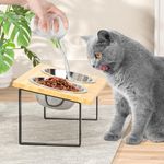 Elevated Cat Food Bowls Double: 15°Tilted Bamboo Food & Water Feeding Dishes Indoor - Raised Large Stainless Steel Feeder Set for Cat & Puppy