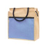 JUTEKA Front Zip Pocket Teal Blue color Jute Bag for Lunch, Office, Grocery, Picnic, Tiffin, Shopping Hand Bag with padded cotton handles…