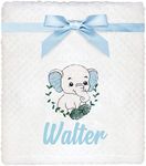 TeddyT's Personalised Elephant White Waffle Baby Blanket with Embroidered Metallic Sparkle Silver Elephant (Baby Blue)