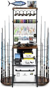 SINGBLA Fishing Rod Holders for Garage,Large Capacity Fishing Pole Holders for Garge, Holds 24 Fishing Rod Tackle Storage, Fishing Rod Tackle Fishing Gear and Equipment Organizer, Brown