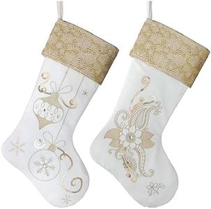 Valery Madelyn Christmas Stockings Decorations, 21 Inch Fabric 2 Pack White Gold Flowers Embroidery Plush Personalized Fireplace Hanging Ornament for Holiday Xmas Party Decor