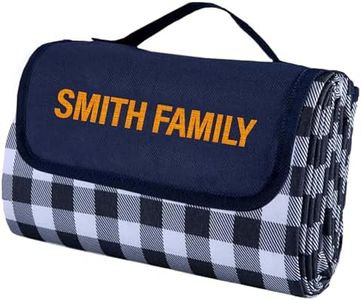 Embroidered Picnic Blanket - Customized Extra Large Outdoor Beach Blanket , Waterproof Sandproof Portable Blankets - Foldable & Lightweight Picnic Mat for Camping, Park, Hiking, Patio- Blue Plaid