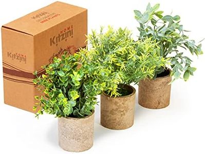 Kitzini Artificial Plastic Mini Plants Unique Fake Fresh Green Grass Flower in Grey Pot for Home Décor – Set of 3