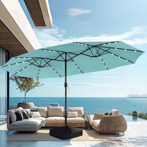 PHI VILLA 15ft Large Patio Umbrella with Solar Lights, Double-Sided Outdoor Market Rectangle Umbrellas with 36 LED Lights, Umbrella Base (Stand) Included, Turquois
