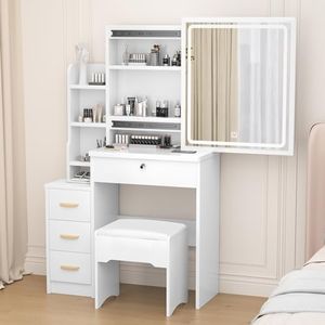 Olela Vanity Desk with Mirror Sliding Hidden Storage Shelf & 3 Adjustable Brightness Lights, Small Makeup Vanitys Set with Stool & 3 Drawers & 4 Open Shelves, Salon Corner Dresser Cabinet