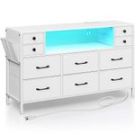 Rolanstar Dresser with Power Outlets and LED Lights, 10 Small Drawers Dresser with Side Pocket, Fabric Chest of Drawers with PU Finish, Wood Top for 55inch TV, Bedroom, White, L