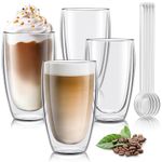 Joeyan 400ml Large Double Walled Coffee Glasses with Spoon-Set of 4 Insulated Thermal Latte Glasses for Hot or Cold Drinks-Clear Glass Coffee Cup for Ice Tea Cappuccino Macchiato