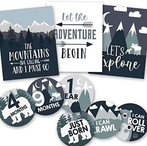Hadley Designs - 6 Reversible Adventure Wall Decor Prints Nursery Decor, 20 Monthly Baby Milestone Stickers, Baby Shower Decorations