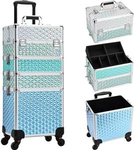 Adazzo 4 in 1 Rolling Makeup Trolley Train Case Cosmetic Suitcase Nail Tech Box for Makeup Artist, Hairstylists, Nail Tech Case with with Keys Swivel Wheels Traveling Trunk, Turquoise, Makeup Rolling