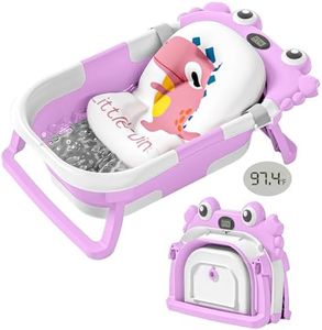 Collapsible Baby Bathtub for Newborns with Thermometer and Soft Floating Cushion Portable and Foldable Travel Baby Bath Tub for Infants to Toddler 0-36 Month (Purple)