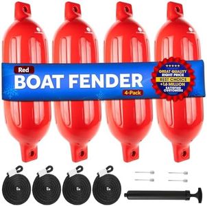 Five Oceans 4-Pack Boat Fenders - 4.5 x 16-Inch, Red - Boat Bumpers for Docking - 4 Ropes Lines 3/8-Inch x 5-Ft - Inflator Pump and 4 Needles for Pontoon Fishing Bass Sport Boats Sailboats - FO4538