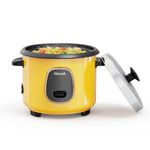 Macook Mini Rice Cooker 0.6 Liters, 3 Cups of Raw Rice for 1-3 Persons, Double Layer Aluminium Non-stick Pans | Stainless Steel Lid | Built-in Steamer | One-touch | 300 Watt | Yellow