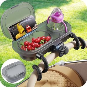 3-in-1 Universal Stroller Snack Tray Attachment Hook and Silicone Arms Grip Design Stroller Cup & Snack & Phone Holder Baby Travel Gear Accessories with Protective Cover Detachable Dishwasher-Safe