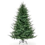 DORTALA Pre-Lit Christmas Tree, 7FT Artificial Xmas Tree with 1130 Branch Tips, 380 Warm White LED Lights, 8 Lighting Modes, Foldable Metal Stand, Green