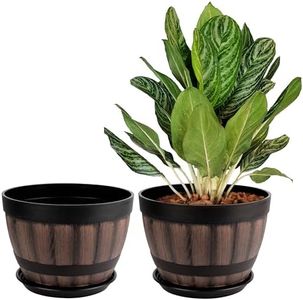 Belle Vous Set de Macetas de Plástico Medio Barril - Maceteros Grandes Decorativos para Interior y Exterior con Orificios de Drenaje y Platillos - 2x Maceta con Plato de 22,5 cm
