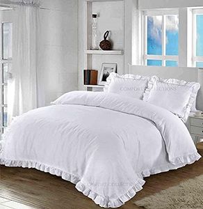 Comfort Collections Santiago Ruffle Frill Edge Design Plain Duvet Cover and Pillow Cases Bedding Set White Double 200cm x 200cm Approximate