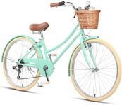 Glerc 26 Inch Beach Cruiser Bike, 6-Speed Hybrid City Bicycle for Girls Youth and Over 6 Years Old, Missy Bike with Wicker Basket & Lightweight, Mint