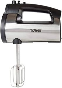 TOWER T12016 Stainless Steel Hand Mixer, 2-in-1 mixer with 6 speed and turbo function, 300W, stainless steel