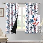 PrinceDeco 100% Blackout Curtains 2 Panels Set Cattleya Floral Printed Drapes Leah Floral Thermal Window Drapes for Bedroom Black Liner Sound Proof Curtains, Stone Blue and Coral, W132cm x D160cm