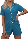 Ekouaer Pajamas Set for Women Short Sleeve Sleepwear Summer Button Down Nightwear Soft Pjs Lounge Set, Blue Green, Large