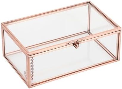 Hipiwe Vintage Glass Keepsake Box Rectangle Jewelry Display Organizer Box Vanity Lidded Box Home Decor Glass Decorative Box for Trinket Rings Earrings Bracelet,Rose Gold,Small