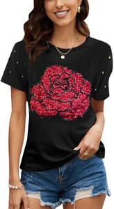 PESION Womens Sparkle Sequin Shirts Graphic Blouse Tops Short Sleeve Shiny Rave T- Shirts, Black+ Red Rose, Medium