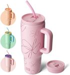 BOTTLE BOTTLE 40 oz Tumbler with Handle and Straw,Stainless Steel Vacuum Travel Mug,Car Cup with Straw, Stainless Steel Vacuum Water Bottle for Gifts Party Office Coffee (Pink Flower)