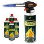 GREEN HAVEN Kitchen Blow Torch – Refillable Torch with Safety Lock & Adjustable Flame | Fit All Butane Tanks for Desserts, Creme Brulee, BBQ, Baking (Blow Torch + 4 Gas)