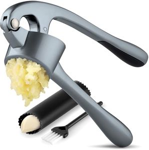 Zulay Kitchen Large Premium Garlic Press Set - Bigger Bowl for Bigger Garlic - Rust Proof & Dishwasher Safe Garlic Mincer Tool - Easy-Squeeze, Easy-Clean Silicone Garlic Peeler & Brush (Slate)