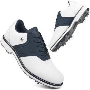 THESTRON Men Professional 9 Spikes Golf Shoes Waterproof Golf Training Sneakers Turf Walking Sneakers Male Spikes Golf Footwears Comfort Golfing Wears (12,White Blue)