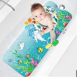 XIYUNTE Bath Mat Non Slip Kids, Cartoon Non Slip Bath Mats for Tub, 100x40cm Extra Long Baby Bath Mat, Kids Bath Tub Mat with Suction Cups and Drain Holes, Machine Washable, Dolphin